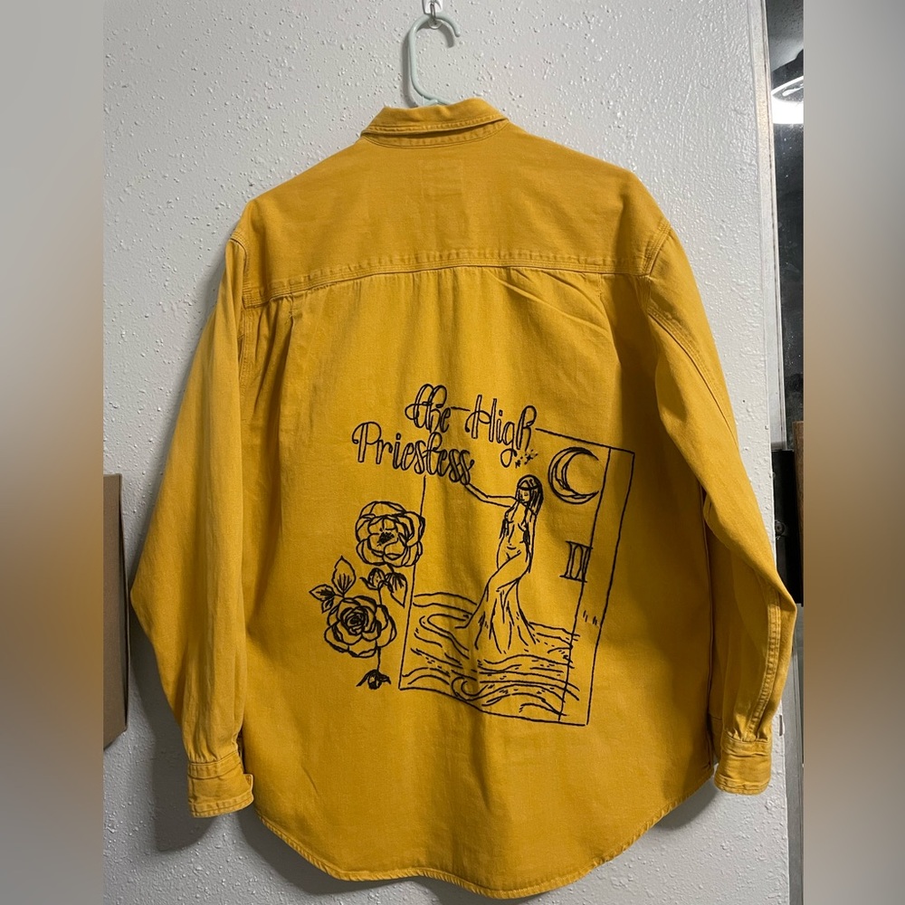 Hand-embroidered Levi Strauss mustard yellow pearl snap button down shirt